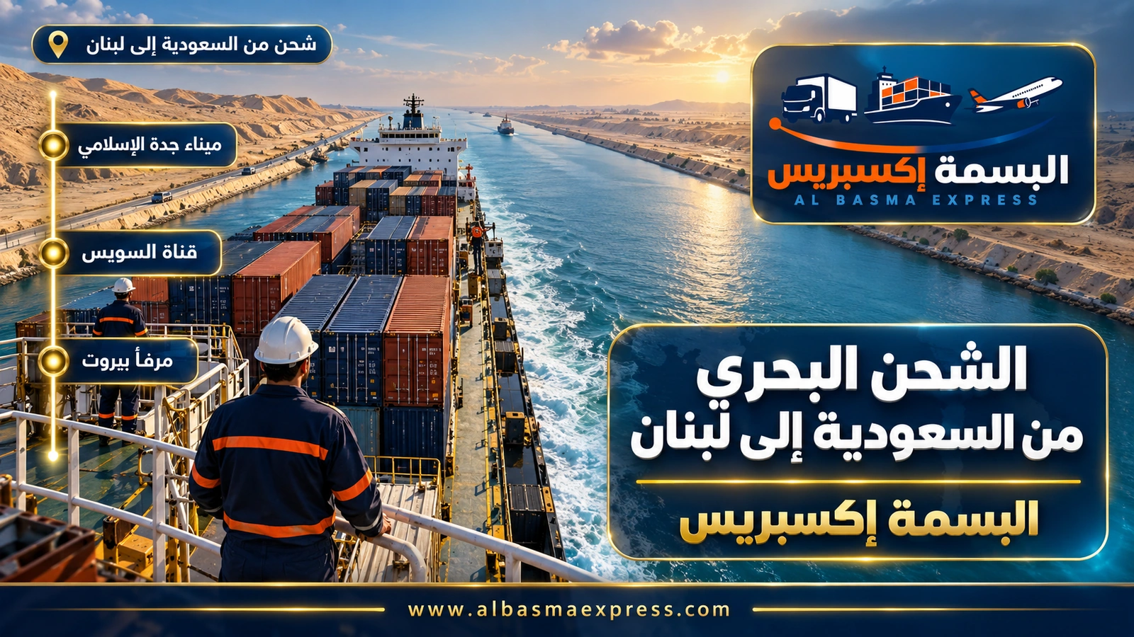 الشحن البحري من السعودية إلى لبنان – سفينة حاويات تعبر قناة ملاحية بين ضفتين رمليتين | البسمة إكسبريس