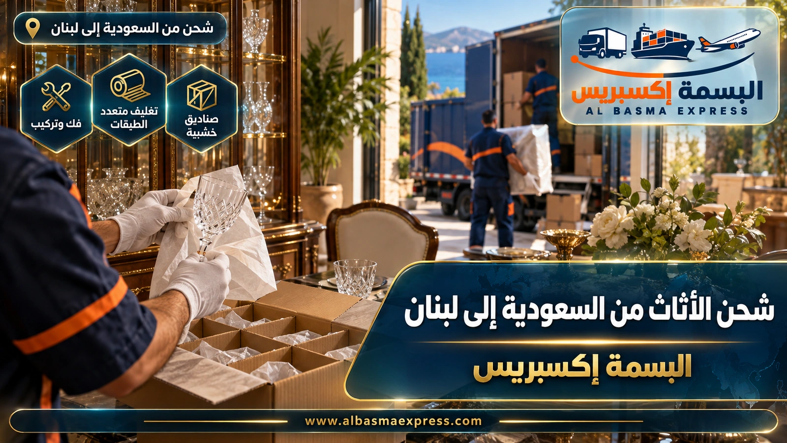 شحن الأثاث من السعودية إلى لبنان – يدان تلفان كؤوس كريستال بورق حريري | البسمة إكسبريس