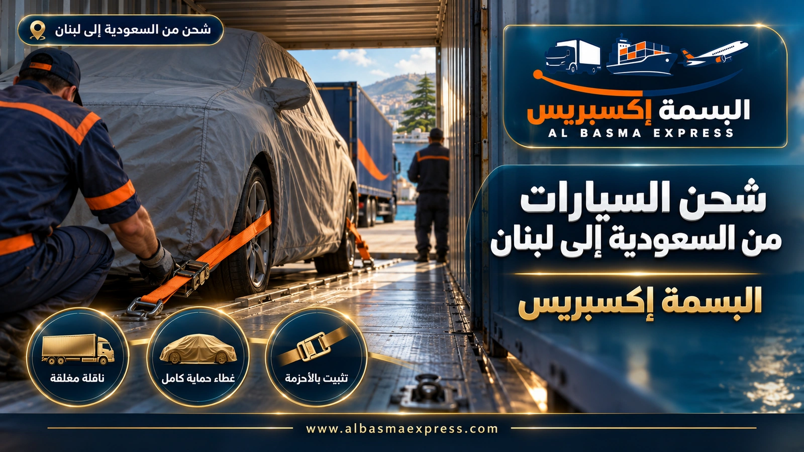 شحن السيارات من السعودية إلى لبنان – لقطة قريبة لحزام تثبيت سيارة مغطاة داخل حاوية | البسمة إكسبريس