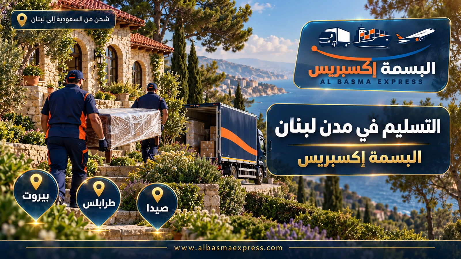 التسليم في مدن لبنان – عاملان يحملان طاولة مغلفة نحو بيت حجري بقرميد أحمر | البسمة إكسبريس