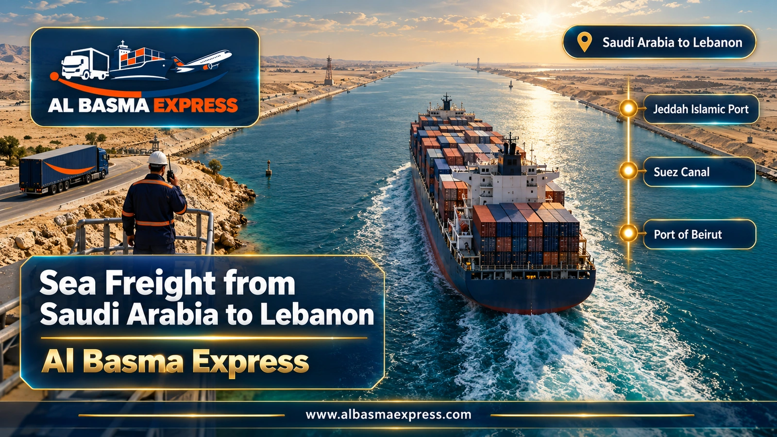 Sea Freight from Saudi Arabia to Lebanon – container ship in a canal between sandy banks | Al Basma Express