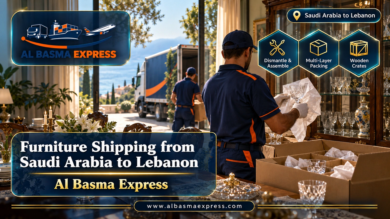 Furniture Shipping from Saudi Arabia to Lebanon – hands wrapping crystal glasses in tissue paper | Al Basma Express