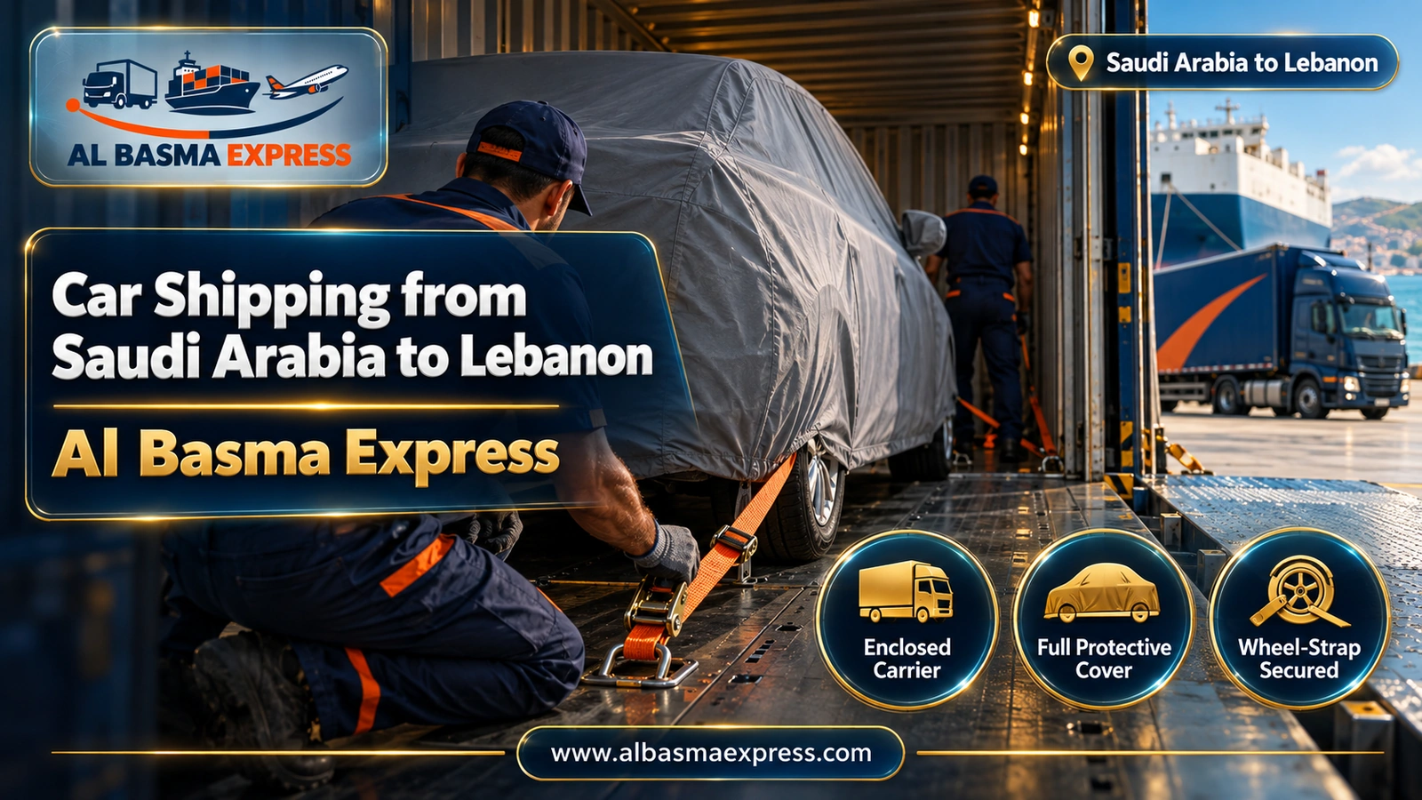 Car Shipping from Saudi Arabia to Lebanon – close-up of a lashing strap on a covered car in a container | Al Basma Express