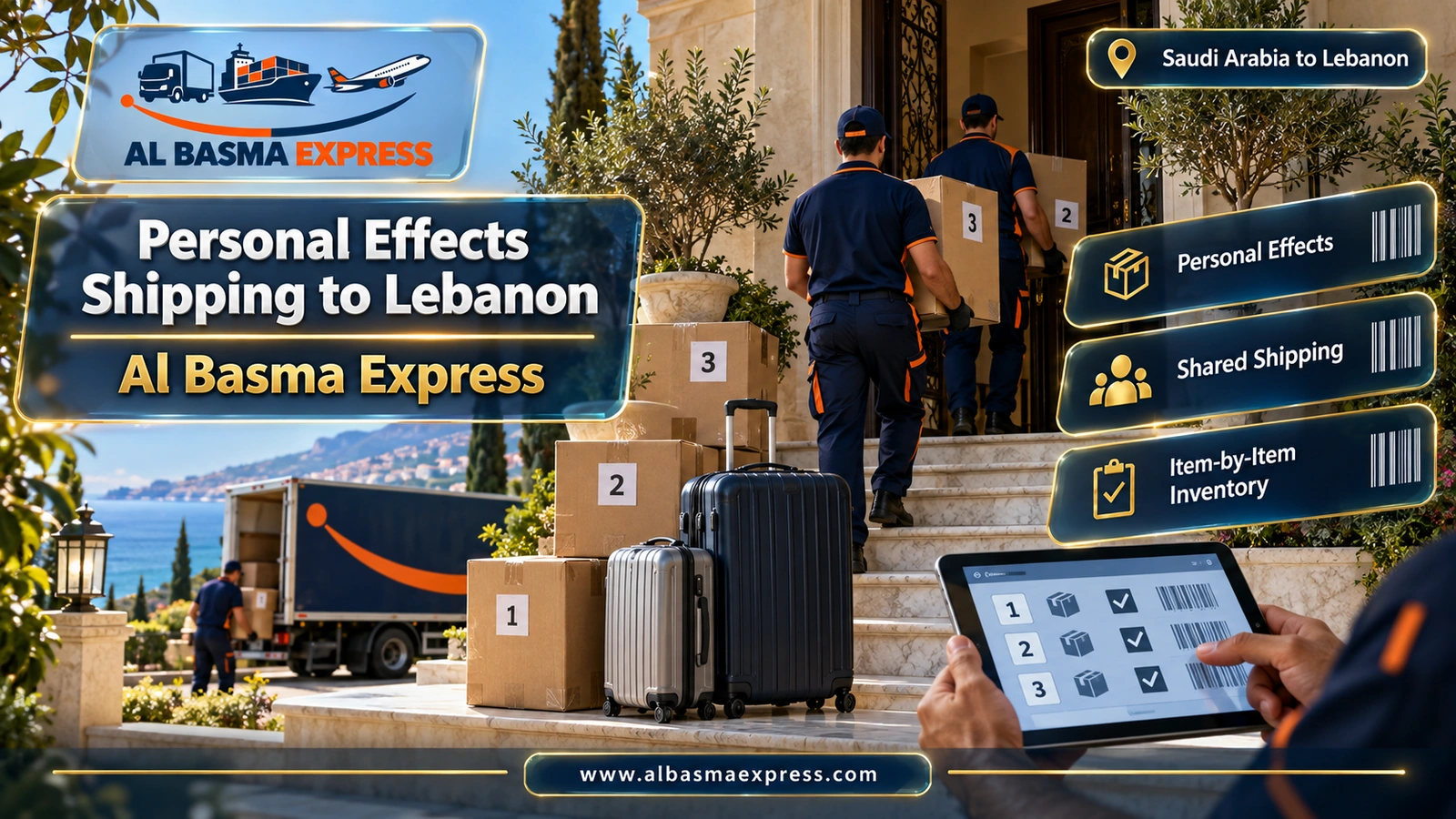 Personal Effects Shipping to Lebanon – numbered suitcases and cartons with hands checking a list | Al Basma Express