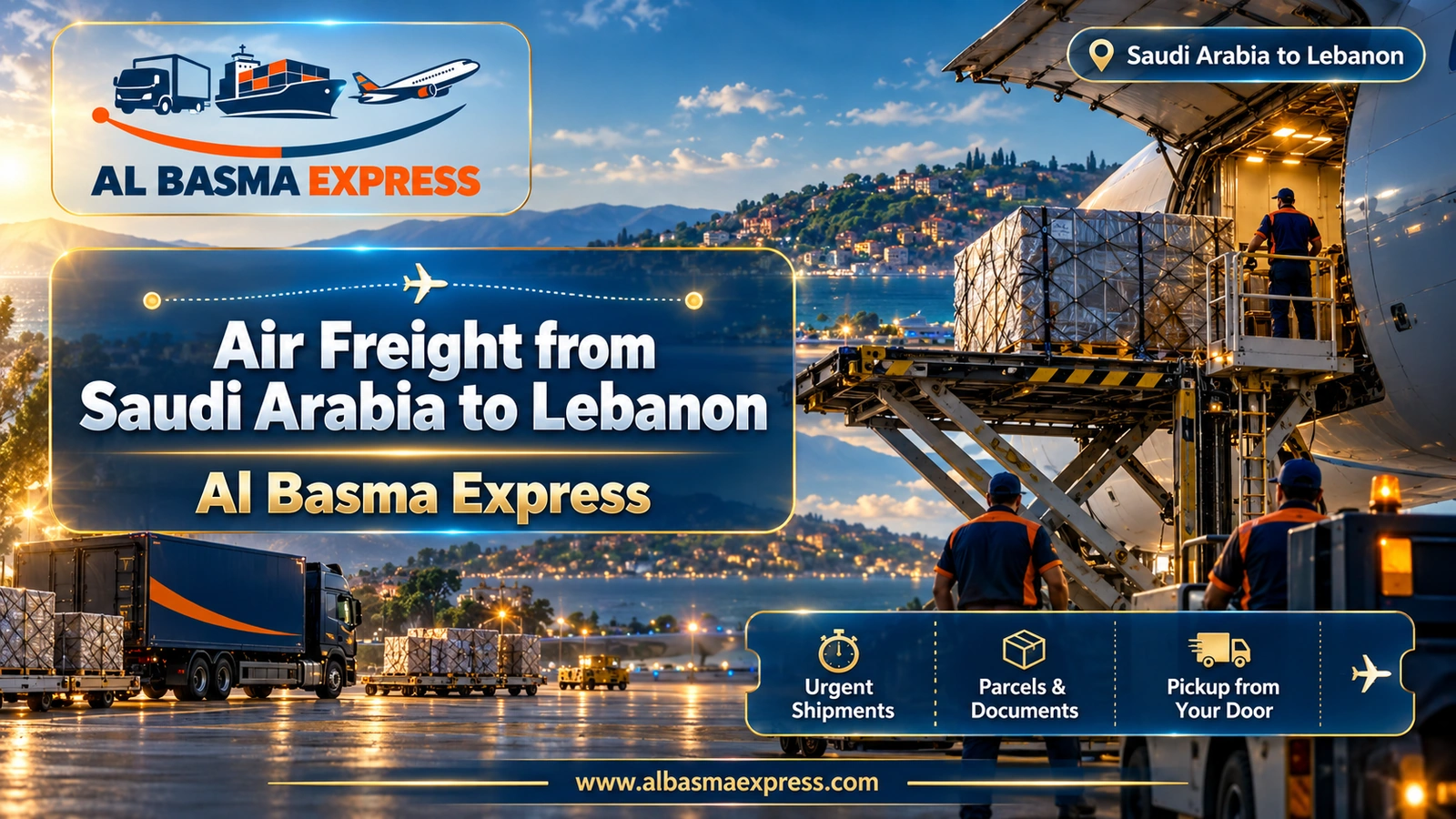 Air Freight from Saudi Arabia to Lebanon – air container rising to an aircraft with lit hills behind | Al Basma Express