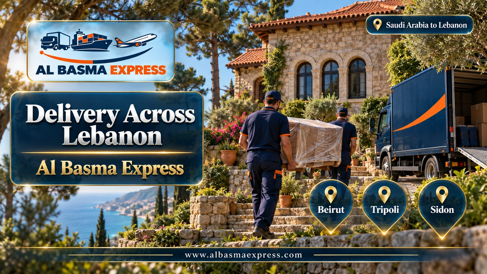 Delivery Across Lebanon – workers carrying a wrapped table to a red-roofed stone house | Al Basma Express