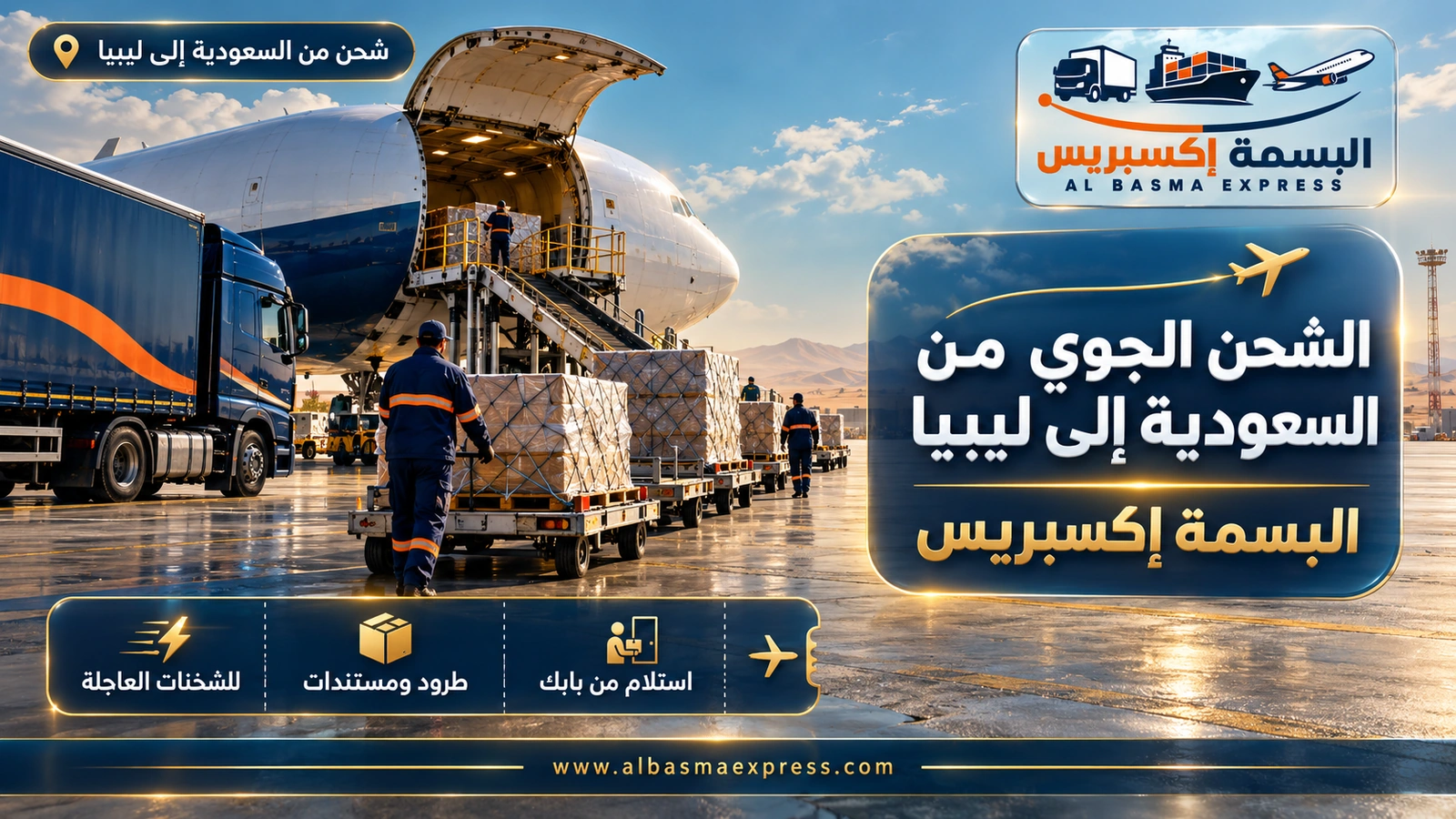 الشحن الجوي من السعودية إلى ليبيا – قطار عربات منصات يتجه نحو طائرة شحن | البسمة إكسبريس