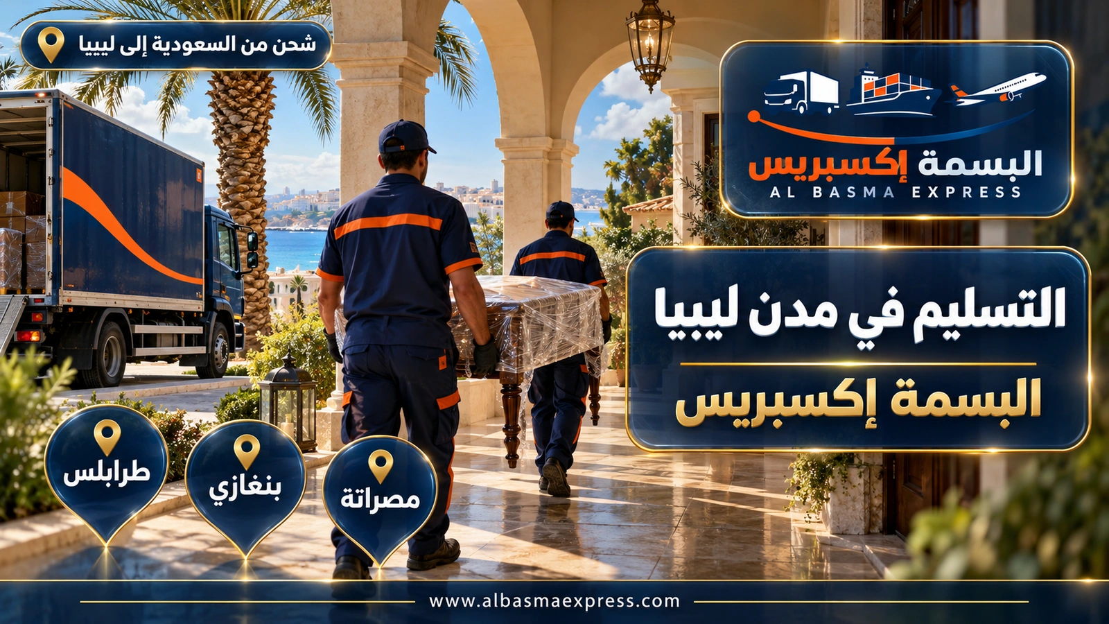 التسليم في مدن ليبيا – عاملان يحملان طاولة مغلفة في رواق فيلا بأقواس | البسمة إكسبريس