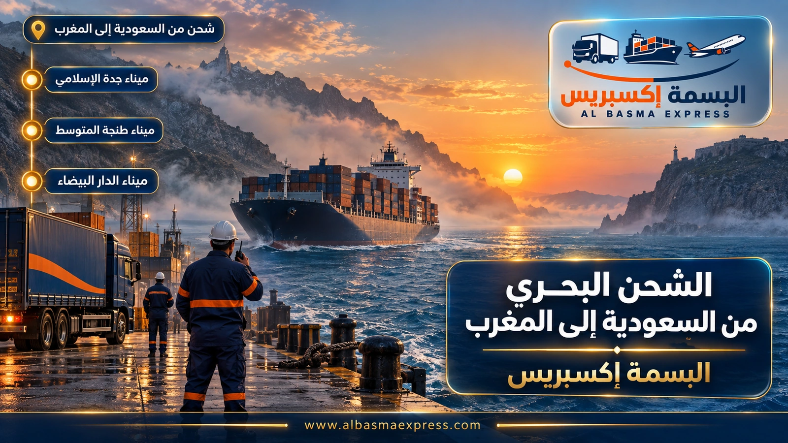 الشحن البحري من السعودية إلى المغرب – سفينة حاويات تعبر مضيقاً بين رأسين جبليين | البسمة إكسبريس