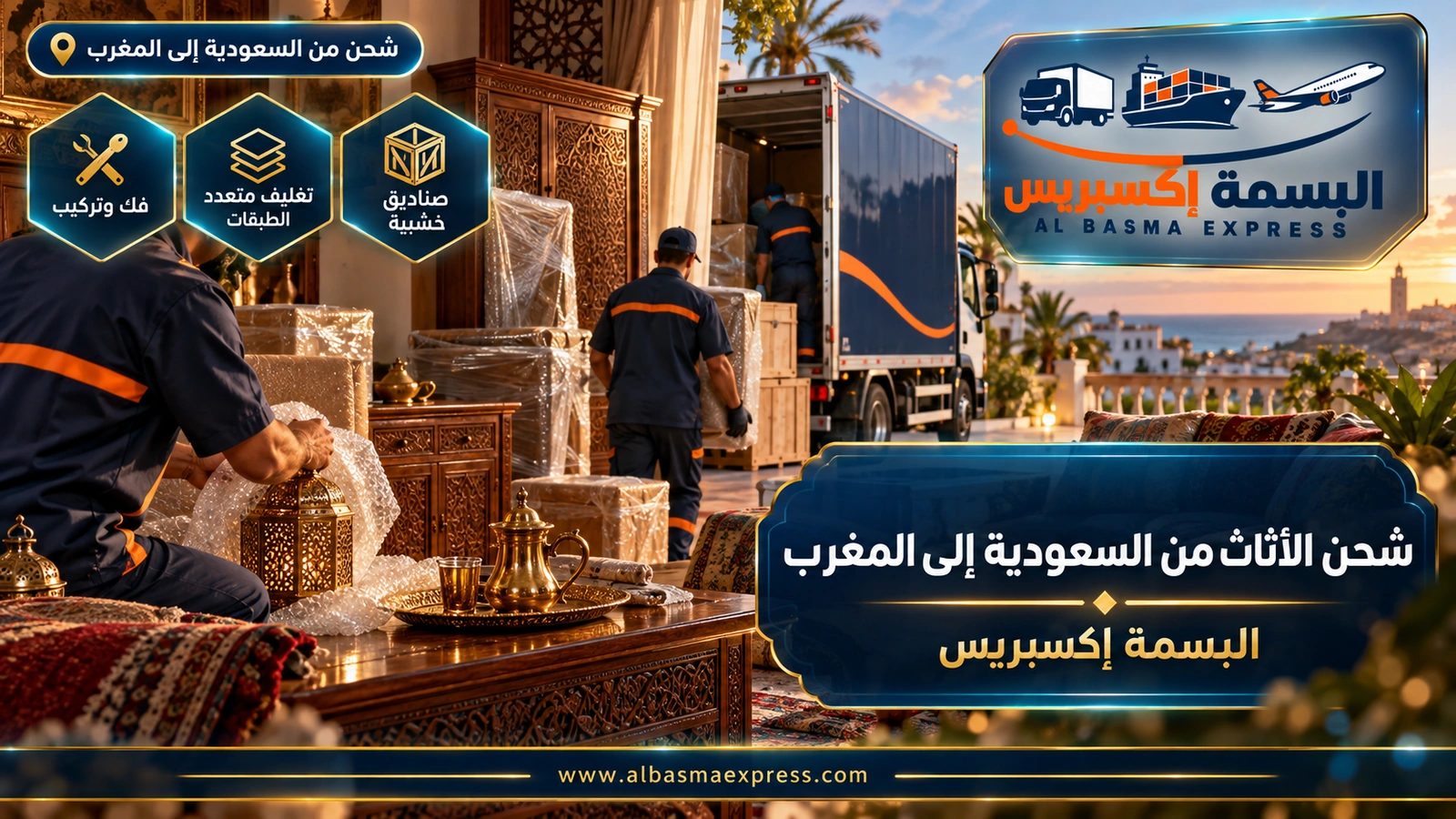 شحن الأثاث من السعودية إلى المغرب – يدان تلفان مصابيح نحاسية وصينية شاي منقوشة | البسمة إكسبريس