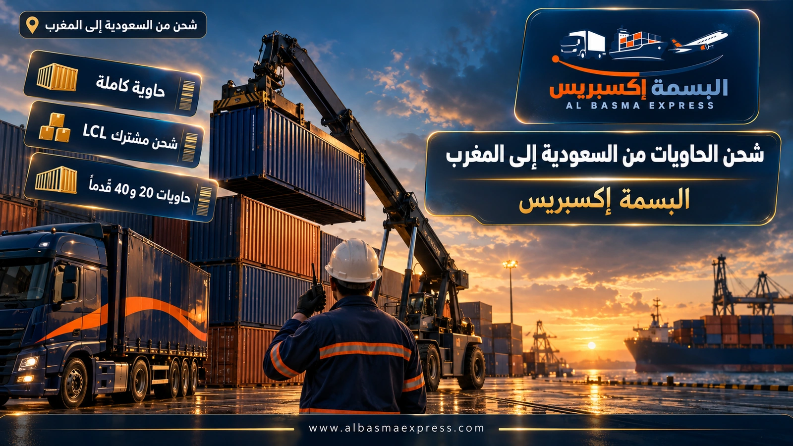 شحن الحاويات من السعودية إلى المغرب – رافعة متحركة ترص حاوية كحلية فوق صف حاويات | البسمة إكسبريس