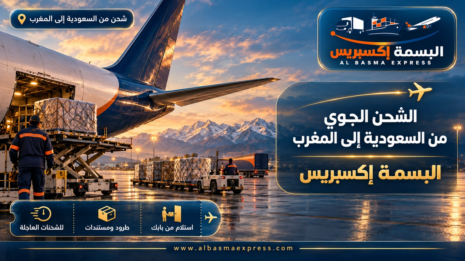الشحن الجوي من السعودية إلى المغرب – ذيل طائرة شحن وخلفه جبال مثلجة | البسمة إكسبريس