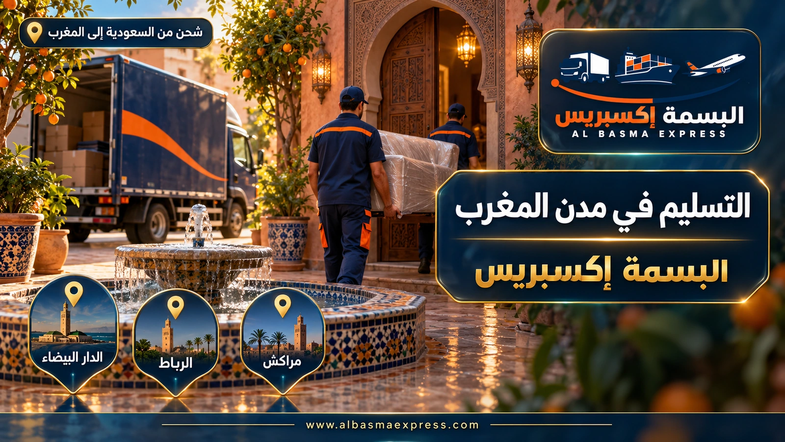 التسليم في مدن المغرب – عاملان يدخلان كنبة مغلفة إلى فناء بنافورة مبلطة | البسمة إكسبريس