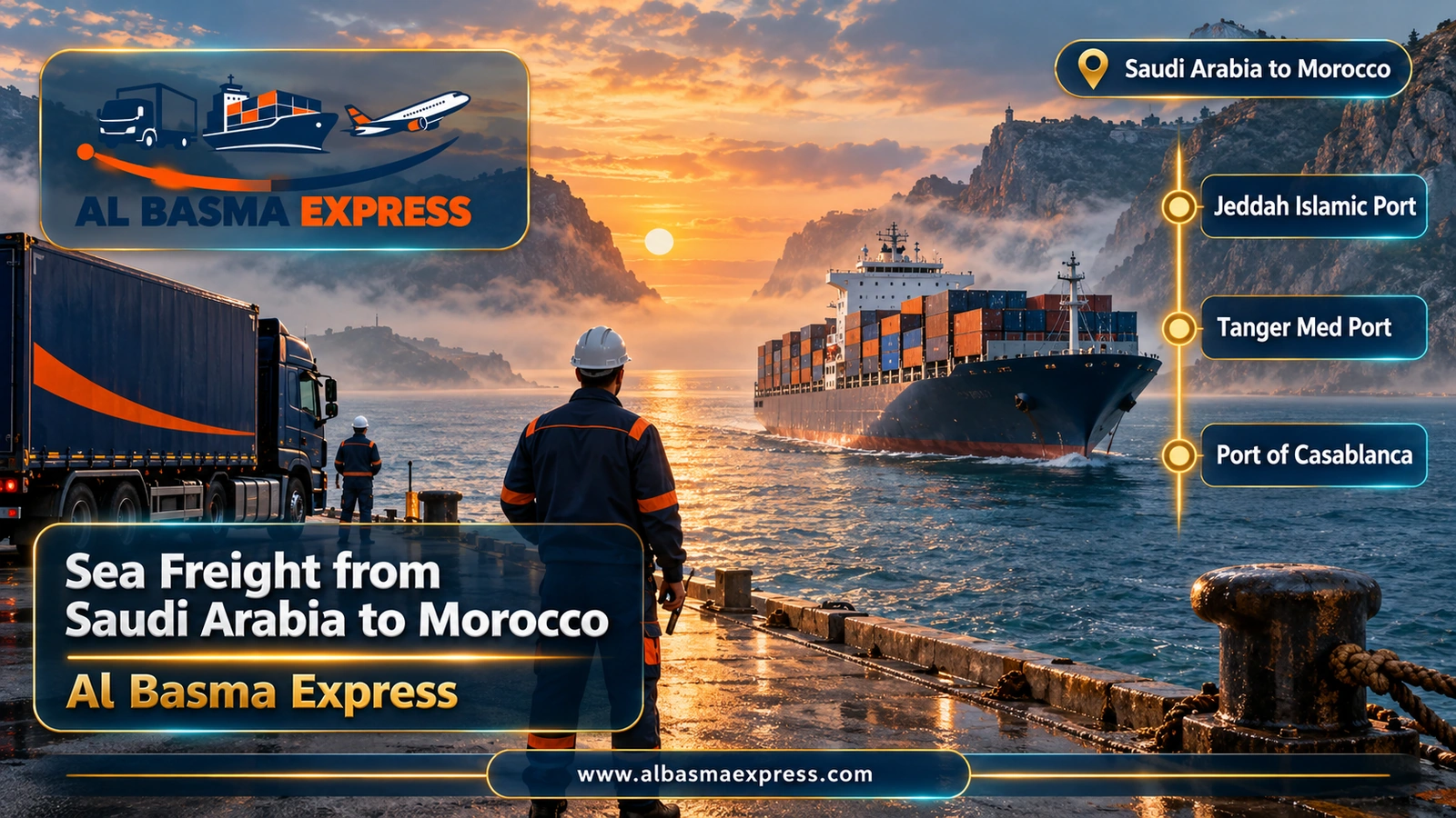 Sea Freight from Saudi Arabia to Morocco – container ship passing between two headlands at sunrise | Al Basma Express
