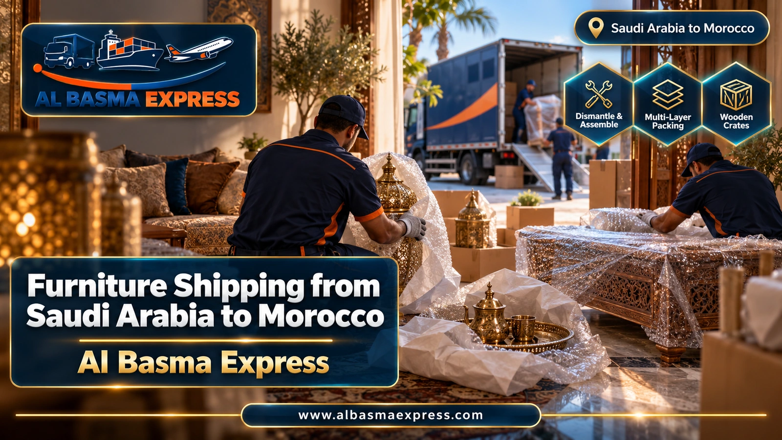 Furniture Shipping from Saudi Arabia to Morocco – hands wrapping brass lamps and an engraved tea tray | Al Basma Express