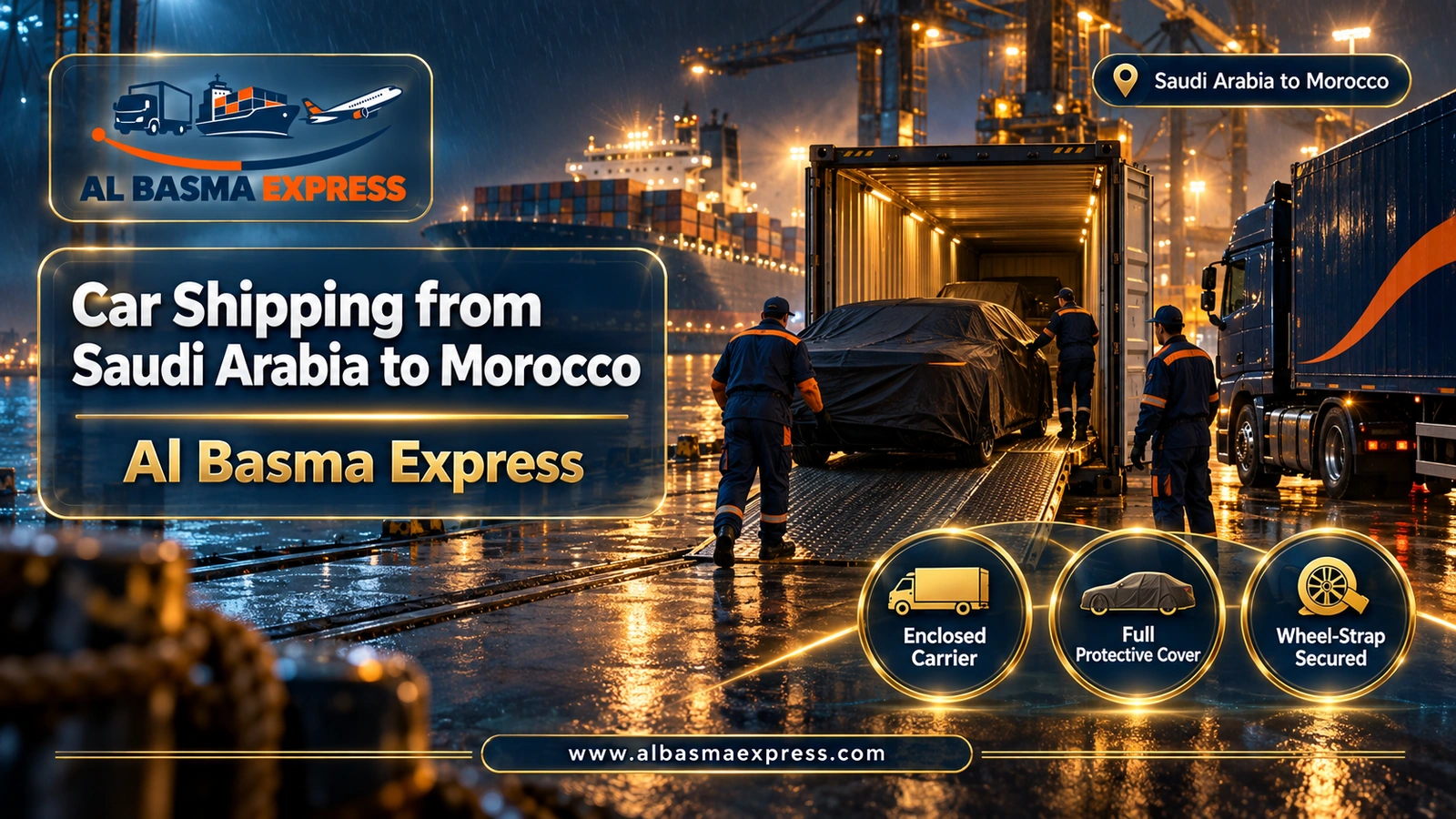 Car Shipping from Saudi Arabia to Morocco – covered car entering a container on a rainy night | Al Basma Express