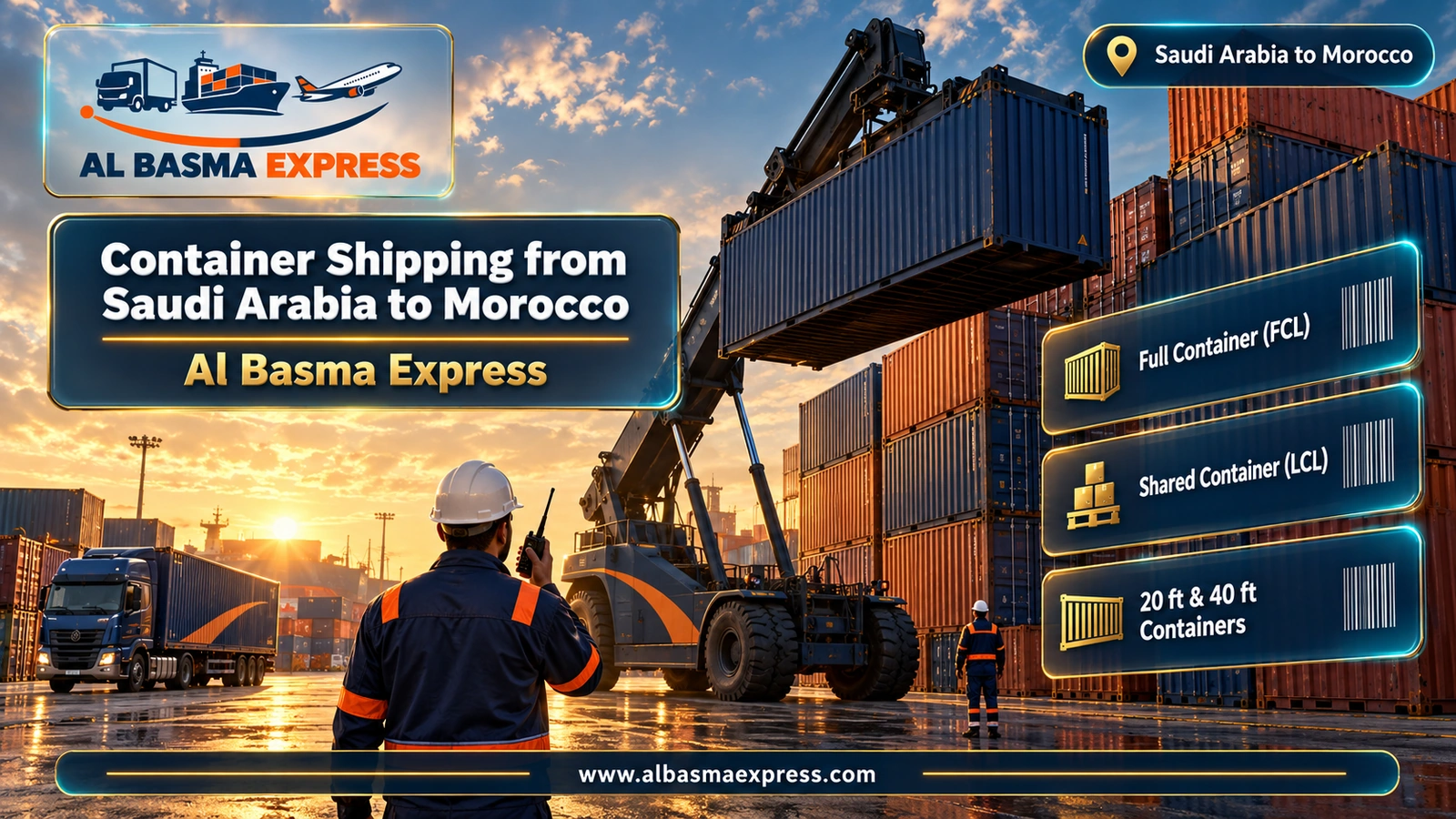 Container Shipping from Saudi Arabia to Morocco – reach stacker placing a navy container on a stack | Al Basma Express