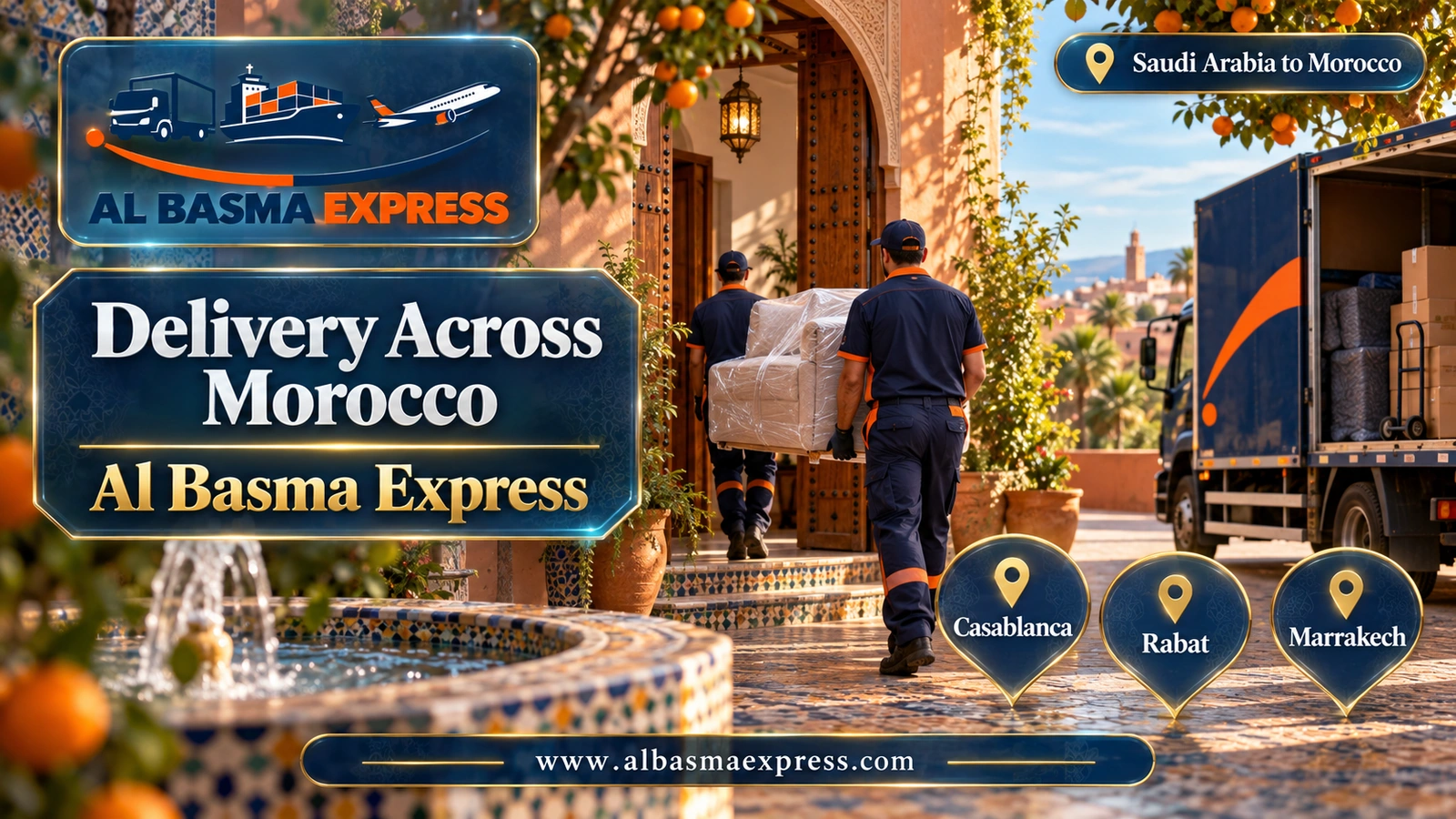 Delivery Across Morocco – workers bringing a wrapped sofa into a tiled-fountain courtyard | Al Basma Express