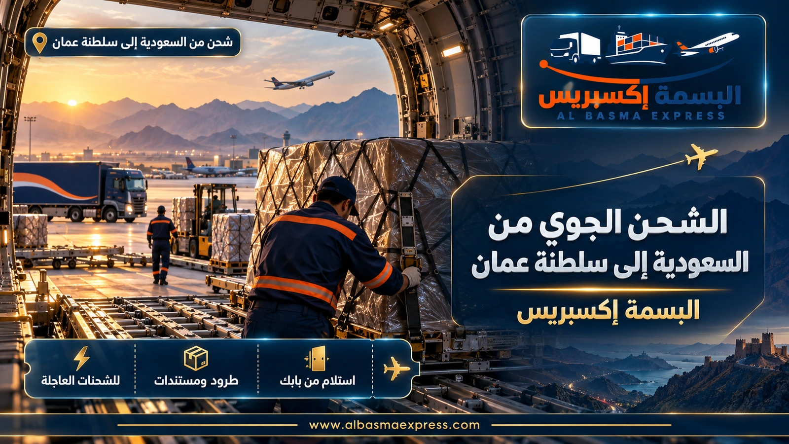 الشحن الجوي من السعودية إلى سلطنة عمان – منصات شحن داخل عنبر طائرة وباب مفتوح على جبال | البسمة إكسبريس