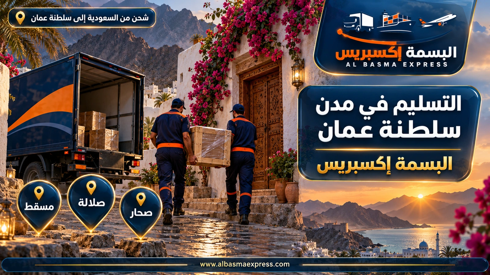 التسليم في مدن سلطنة عمان – عاملان يحملان صندوقاً مغلفاً نحو باب خشبي منحوت | البسمة إكسبريس