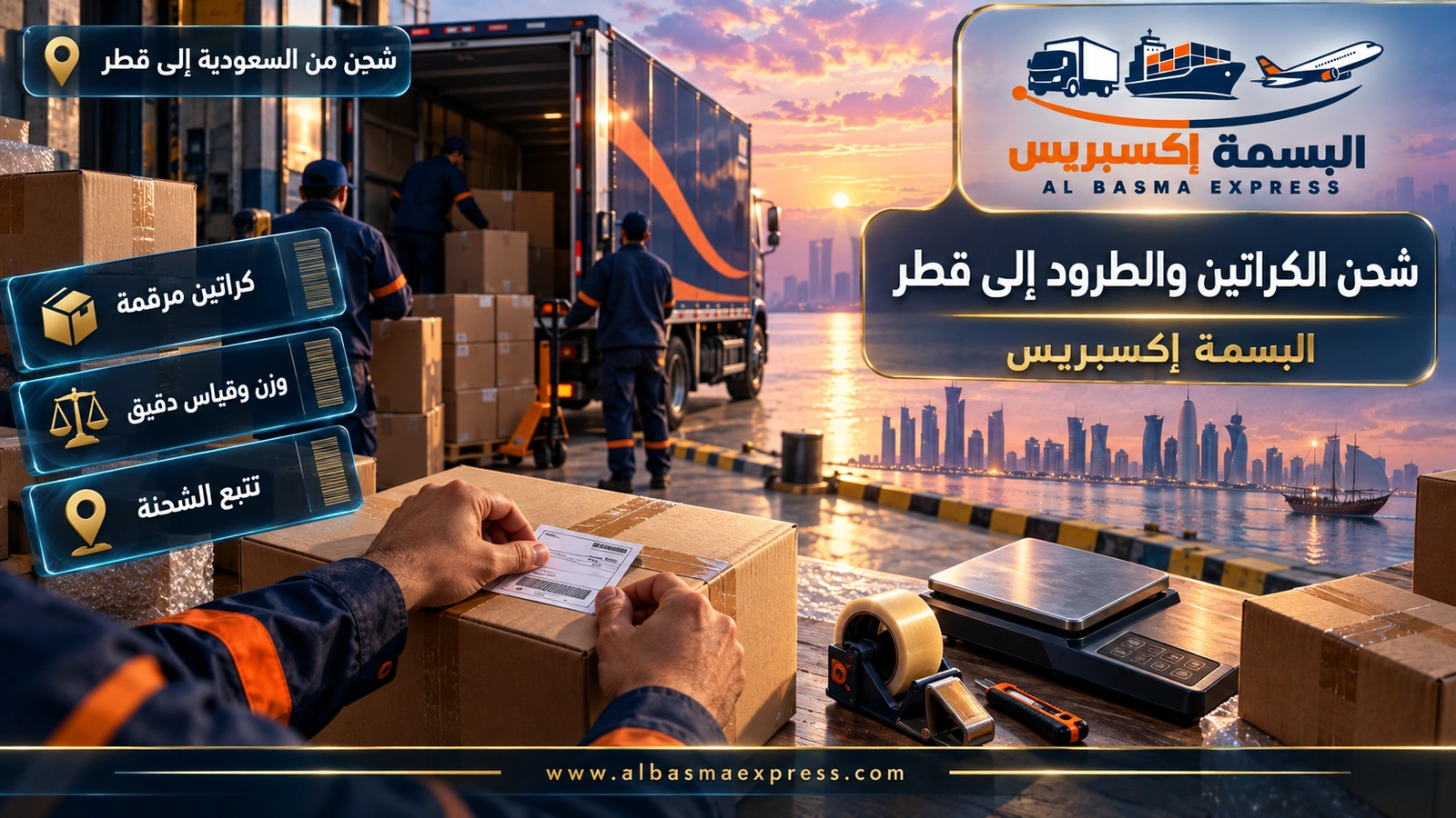 شحن الكراتين والطرود إلى قطر – كراتين وميزان على طاولة تجهيز من زاوية علوية | البسمة إكسبريس