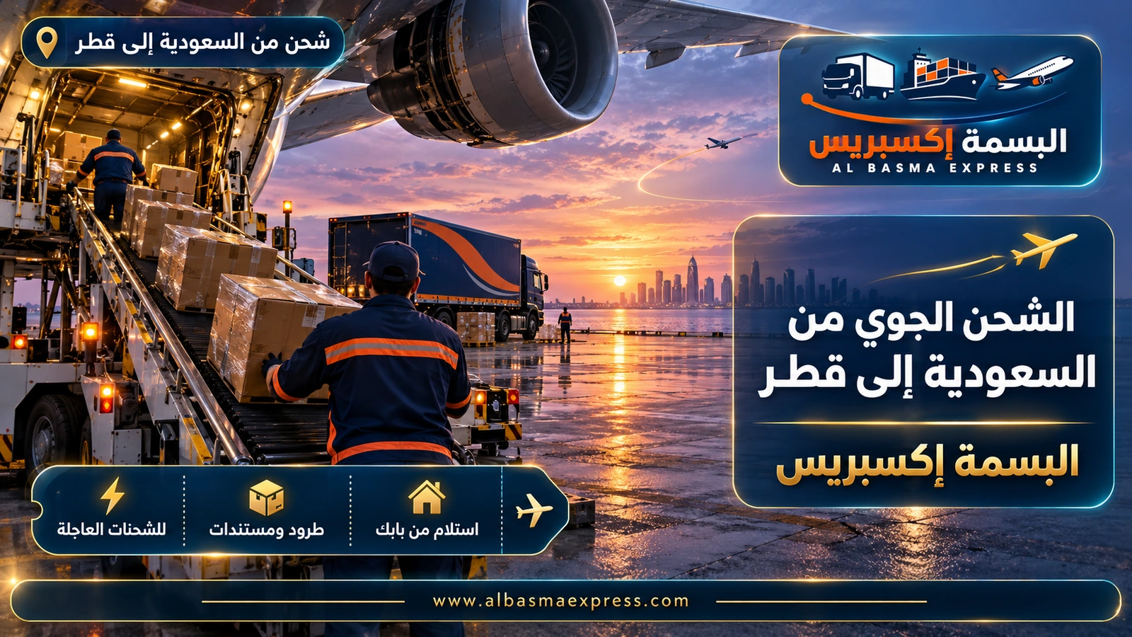 الشحن الجوي من السعودية إلى قطر – سير ناقل يحمل كراتين إلى عنبر طائرة عند الشروق | البسمة إكسبريس