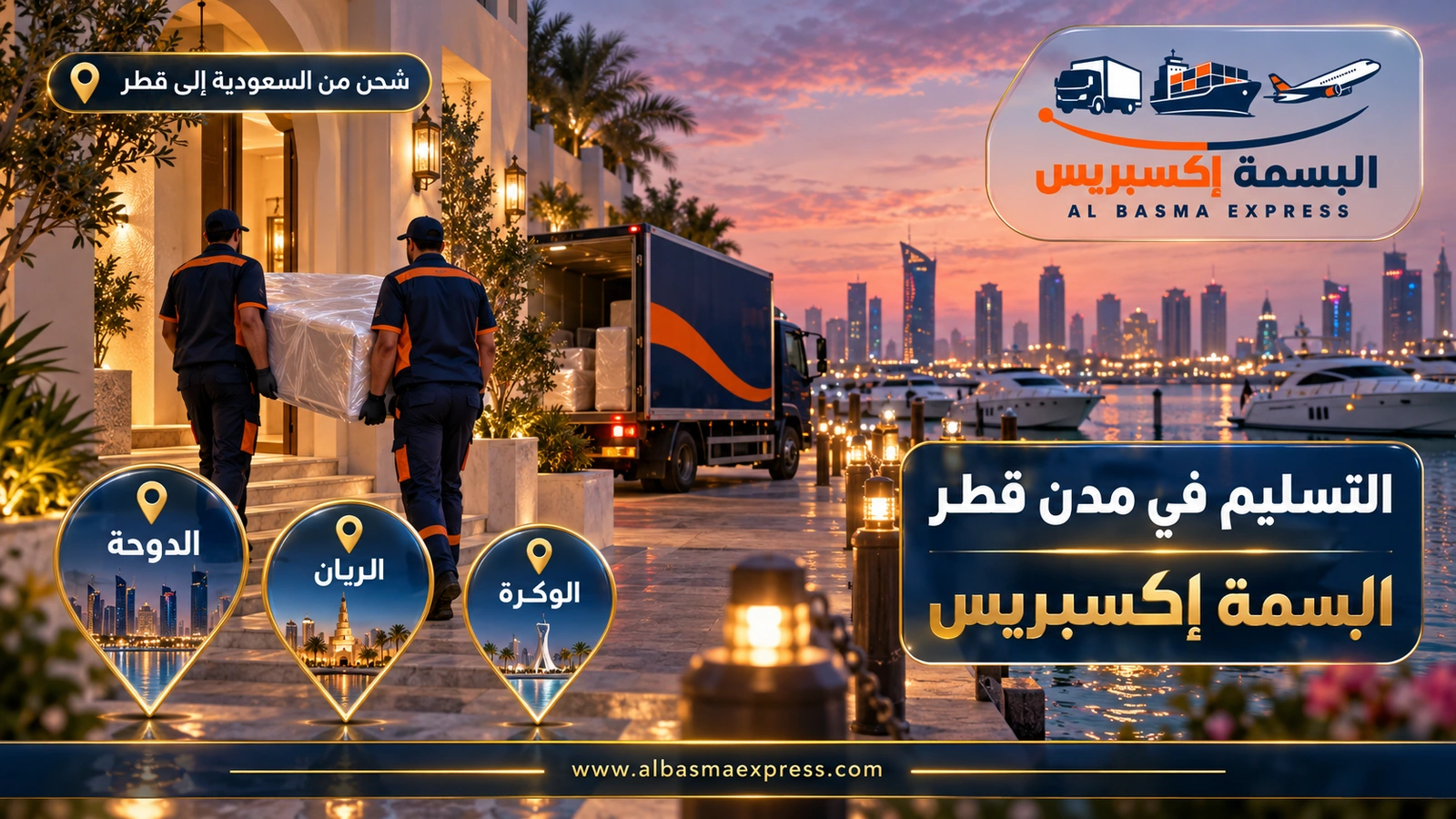 التسليم في مدن قطر – عاملان يحملان مرتبة مغلفة إلى بيت على مرسى مساءً | البسمة إكسبريس