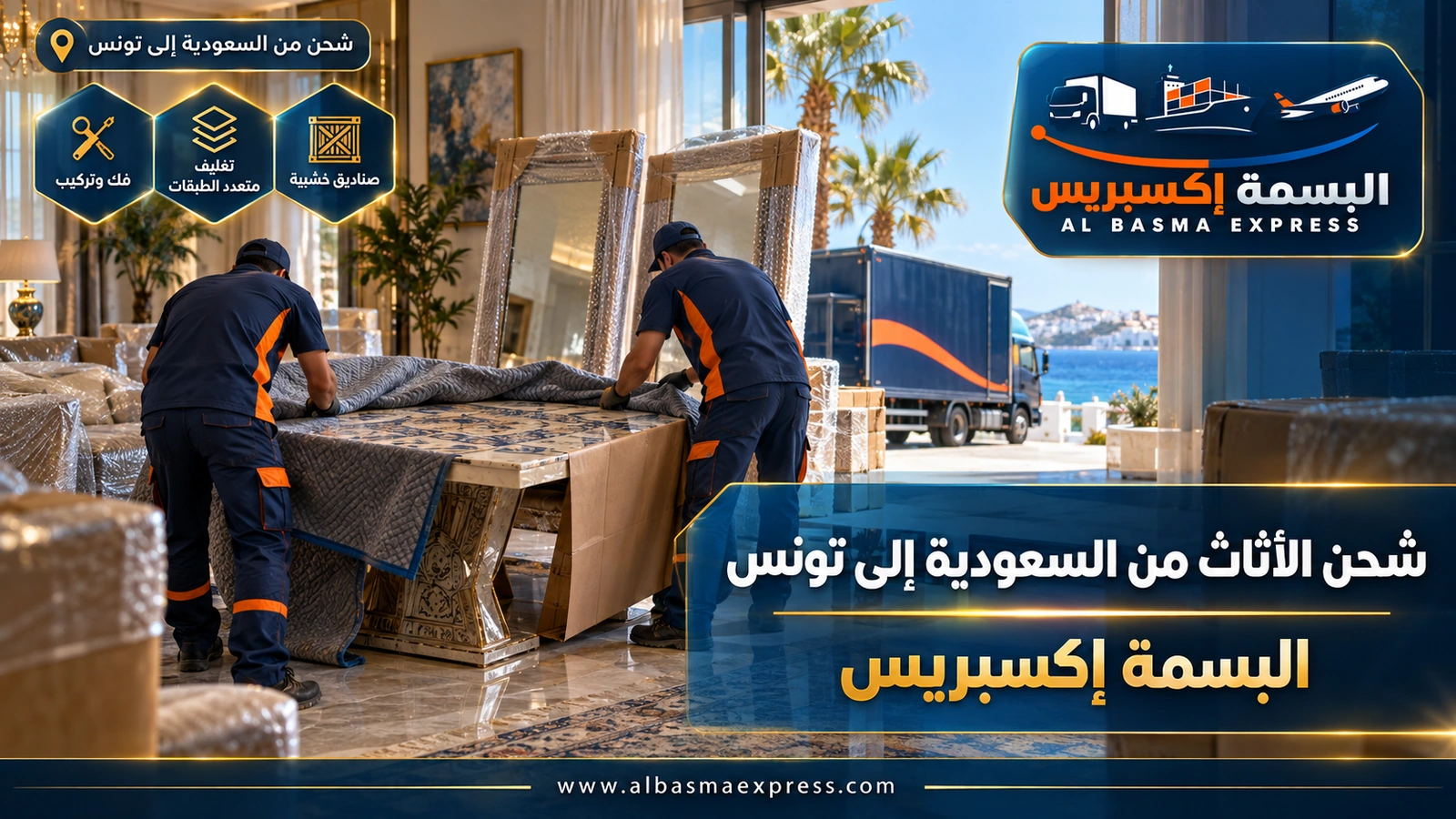 شحن الأثاث من السعودية إلى تونس – عاملان يغلفان طاولة بسطح خزفي مزخرف | البسمة إكسبريس