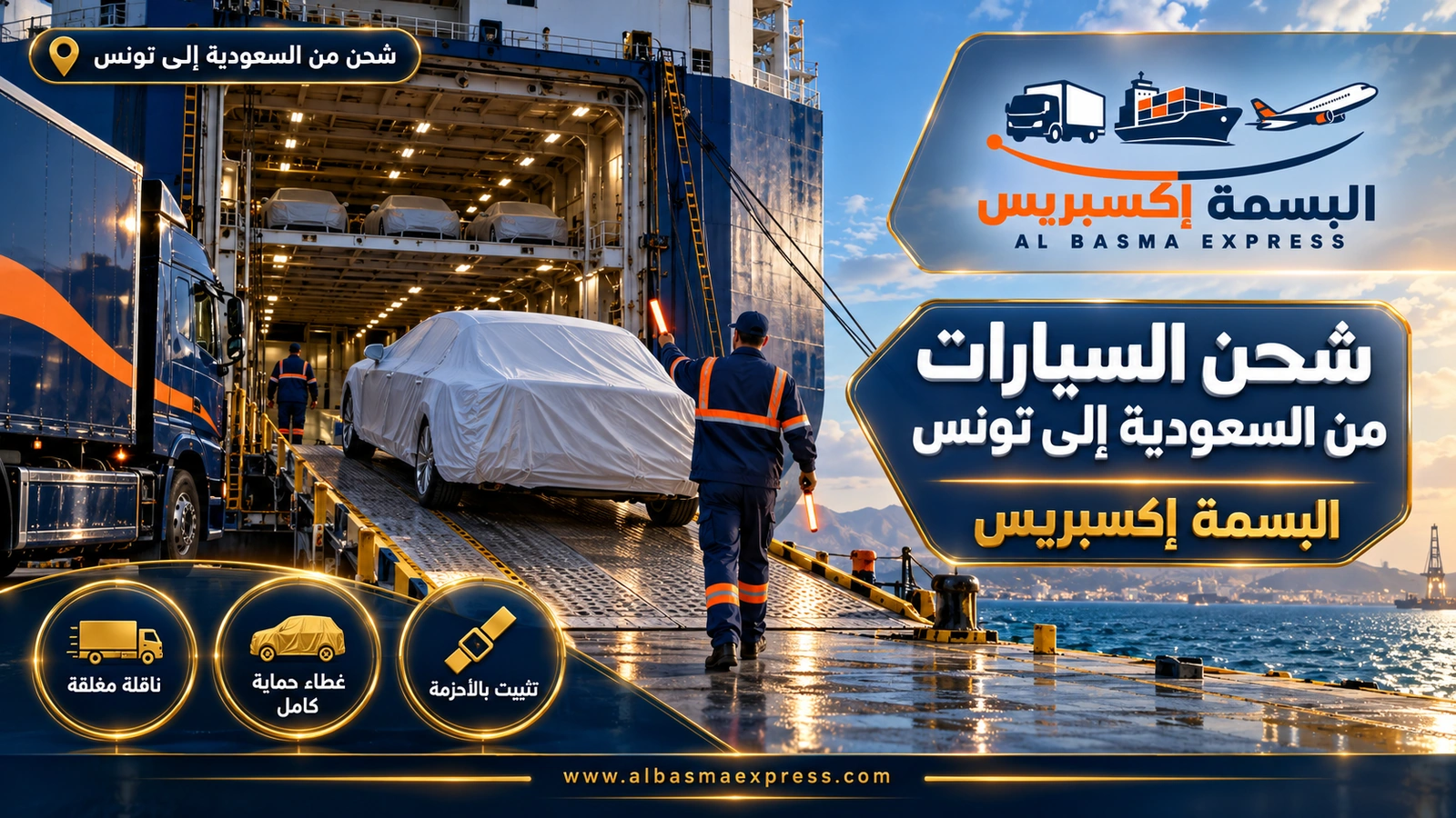شحن السيارات من السعودية إلى تونس – سيارة مغطاة تصعد منحدر سفينة نقل سيارات | البسمة إكسبريس