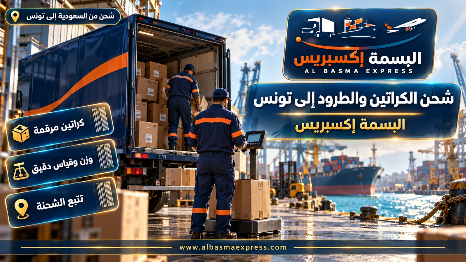 شحن الكراتين والطرود إلى تونس – كراتين مرقمة في عربة توصيل وميزان أرضي | البسمة إكسبريس