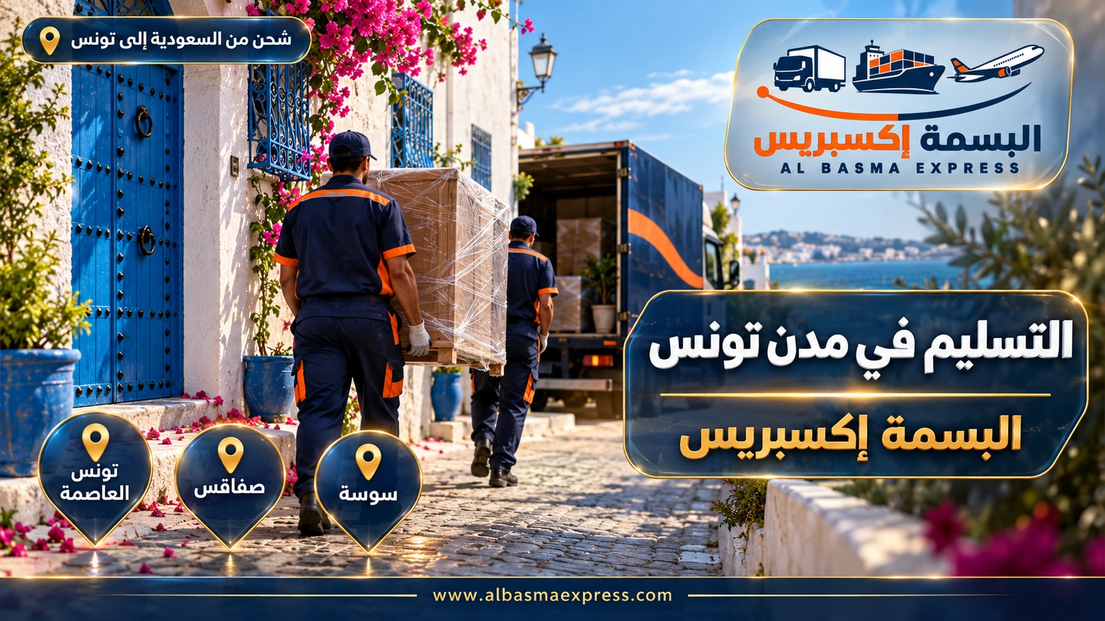 التسليم في مدن تونس – عاملان يحملان خزانة مغلفة نحو بيت أبيض بباب أزرق | البسمة إكسبريس