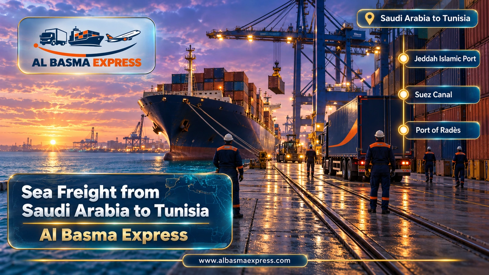 Sea Freight from Saudi Arabia to Tunisia – port quay with lit cranes at dusk | Al Basma Express