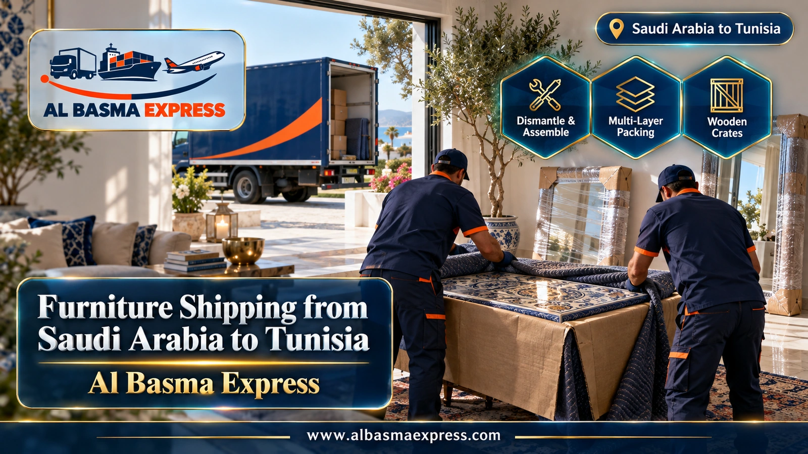 Furniture Shipping from Saudi Arabia to Tunisia – workers wrapping a table with a patterned ceramic top | Al Basma Express