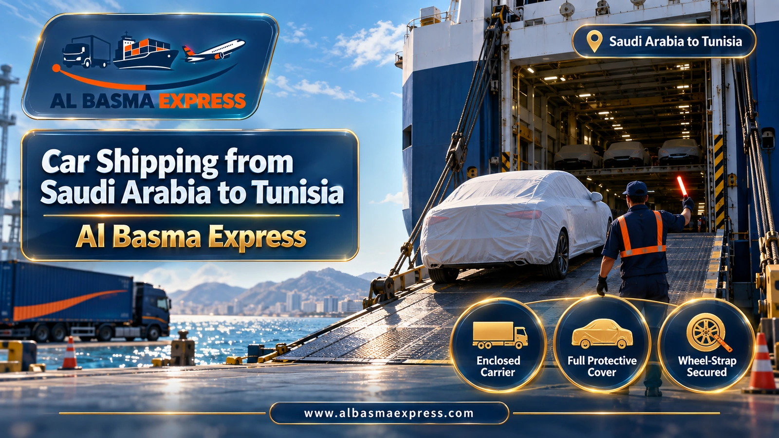 Car Shipping from Saudi Arabia to Tunisia – covered car driving up a vehicle carrier ship ramp | Al Basma Express