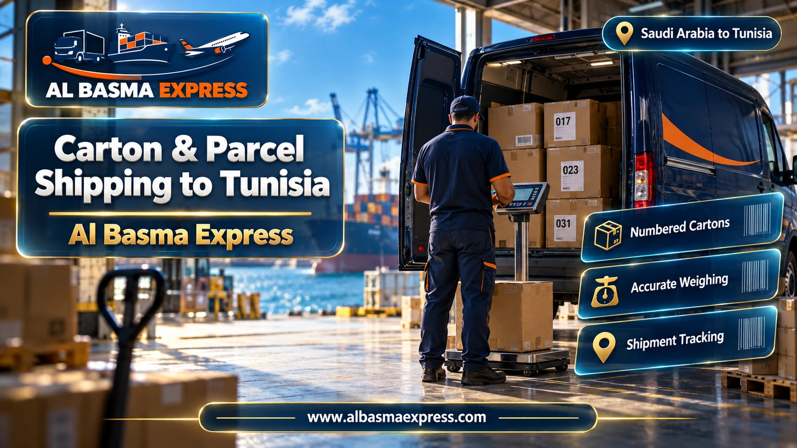 Carton & Parcel Shipping to Tunisia – numbered cartons in a van beside a floor scale | Al Basma Express