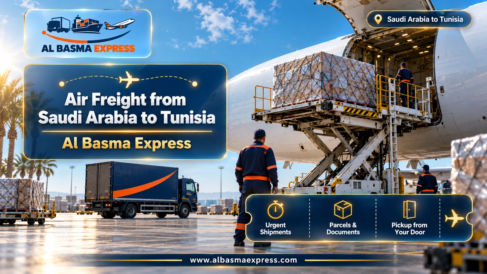 Air Freight from Saudi Arabia to Tunisia – cargo pallet rising to a freighter on a sunny day | Al Basma Express