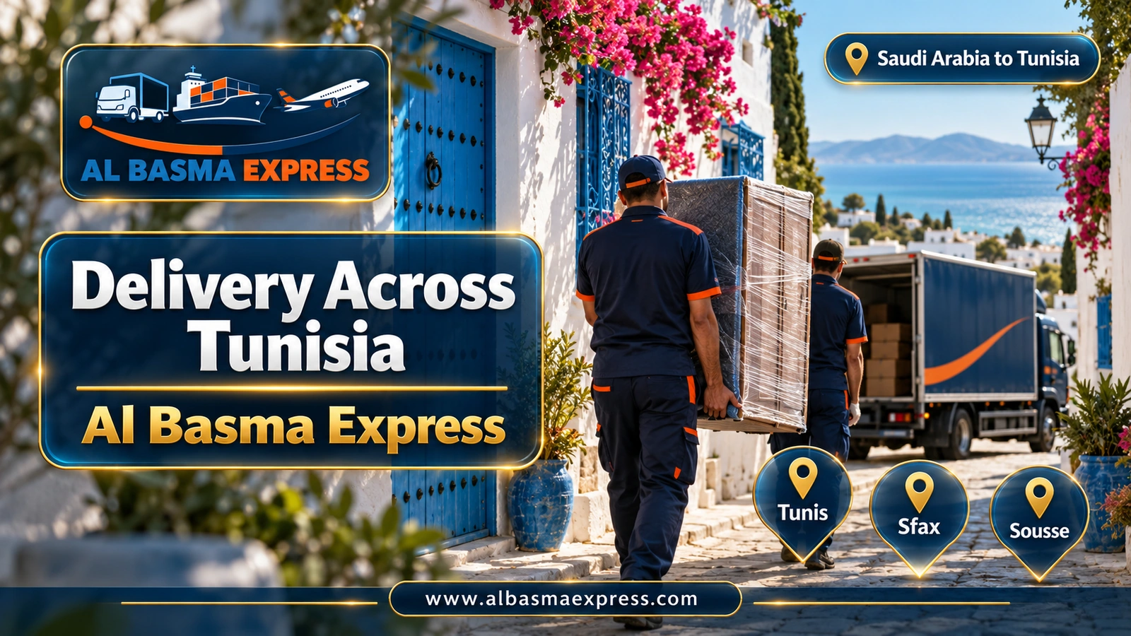 Delivery Across Tunisia – workers carrying a wrapped wardrobe to a white house with a blue door | Al Basma Express
