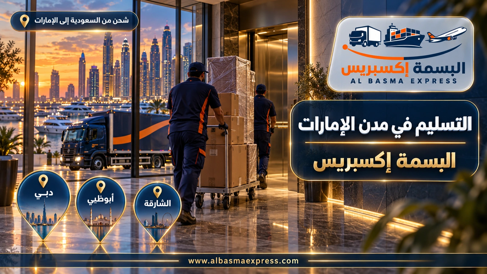 التسليم في مدن الإمارات – عاملان يدفعان عربة كراتين في بهو برج مطل على المارينا | البسمة إكسبريس