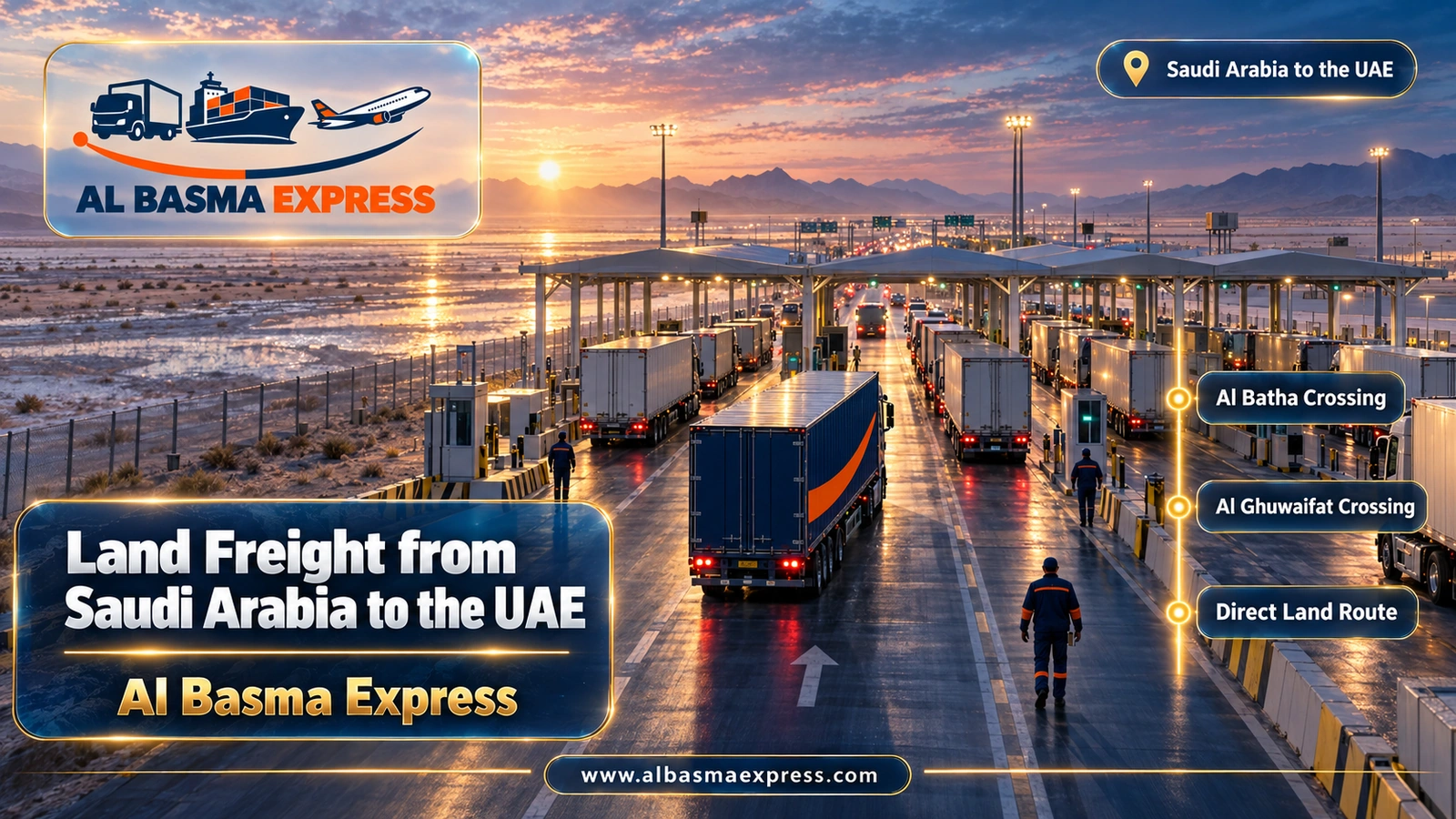 Land Freight from Saudi Arabia to the UAE – aerial view of trucks queuing at a land border crossing at dawn | Al Basma Express