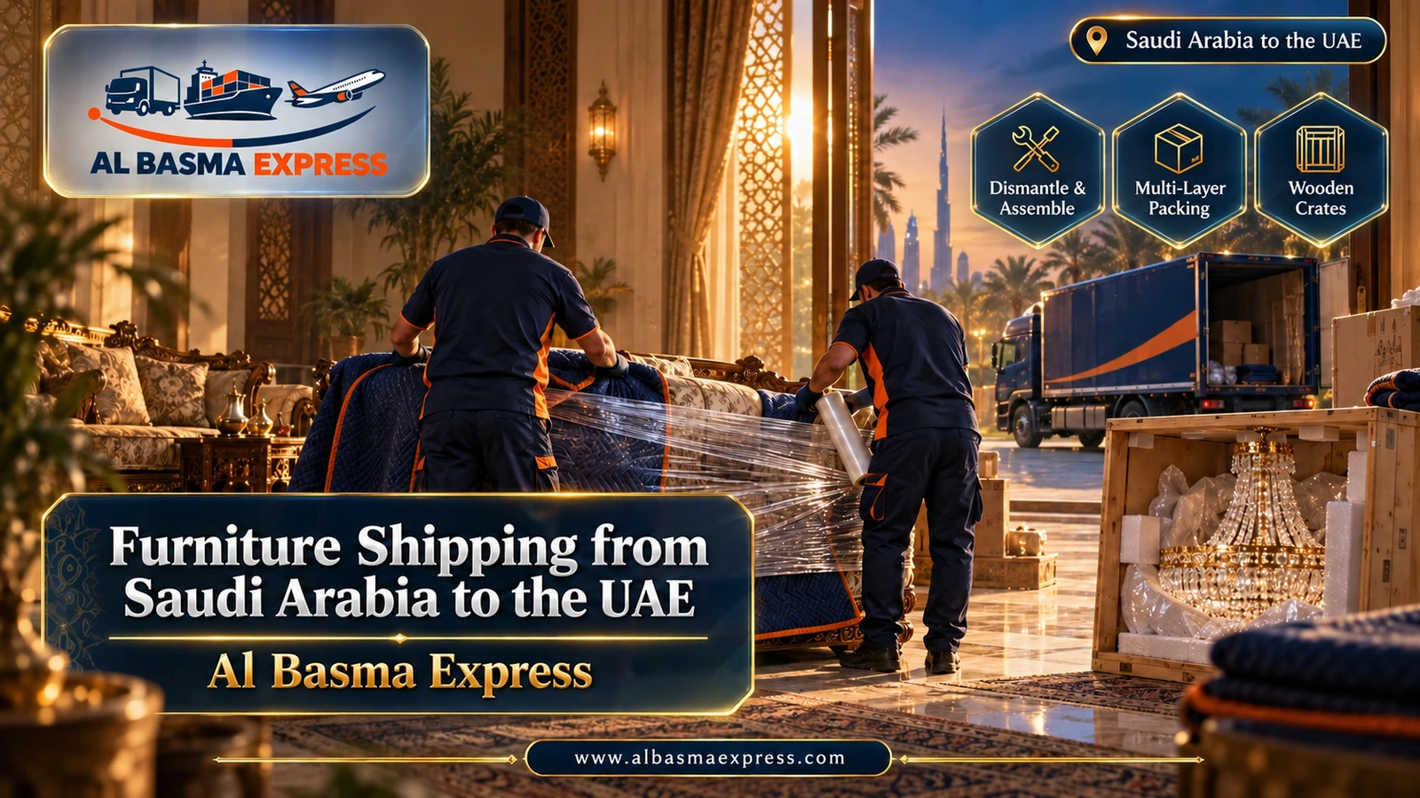 Furniture Shipping from Saudi Arabia to the UAE – two workers wrapping a carved sofa in blankets inside a villa majlis | Al Basma Express