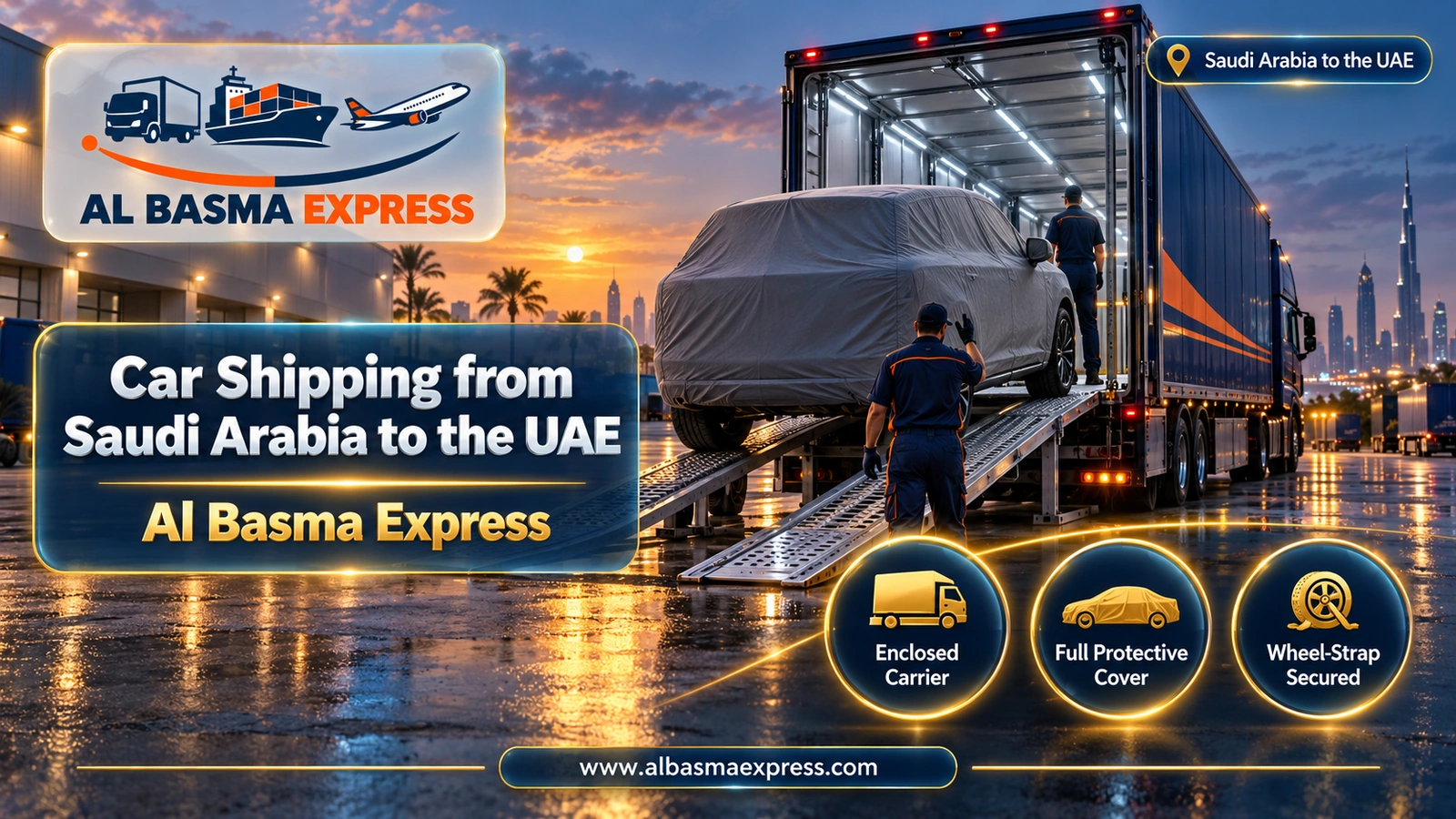 Car Shipping from Saudi Arabia to the UAE – covered SUV loading into an enclosed car carrier at dusk | Al Basma Express
