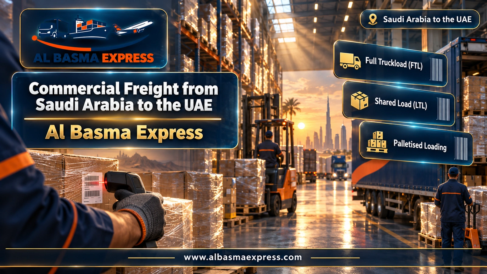 Commercial Freight from Saudi Arabia to the UAE – wrapped pallets and a forklift in a high-bay warehouse | Al Basma Express