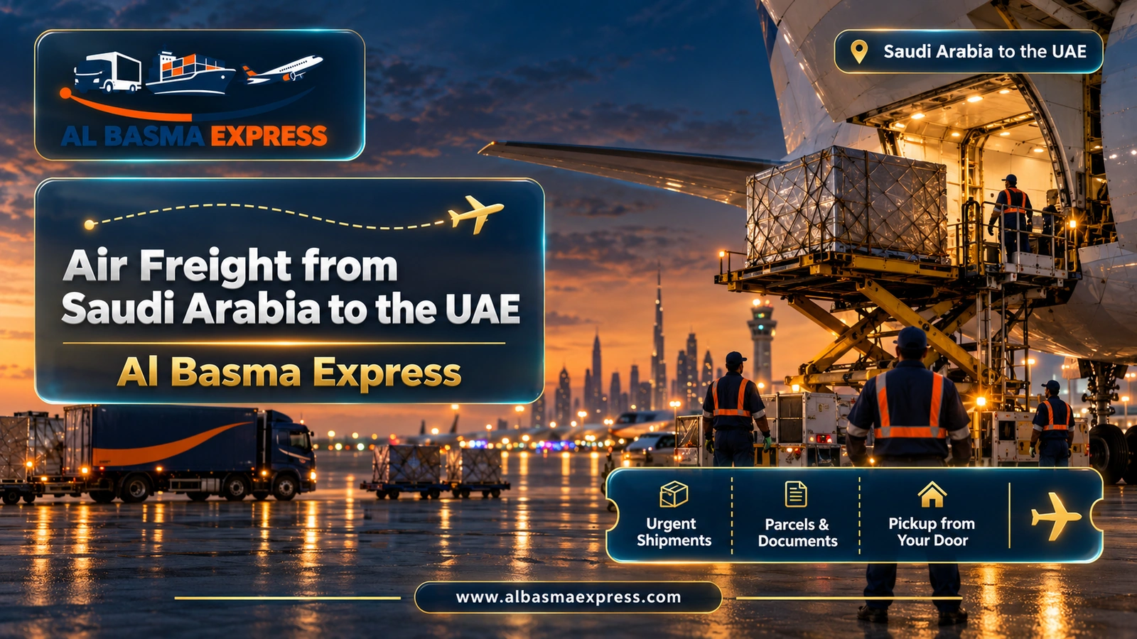 Air Freight from Saudi Arabia to the UAE – air container being loaded onto a cargo aircraft at night | Al Basma Express