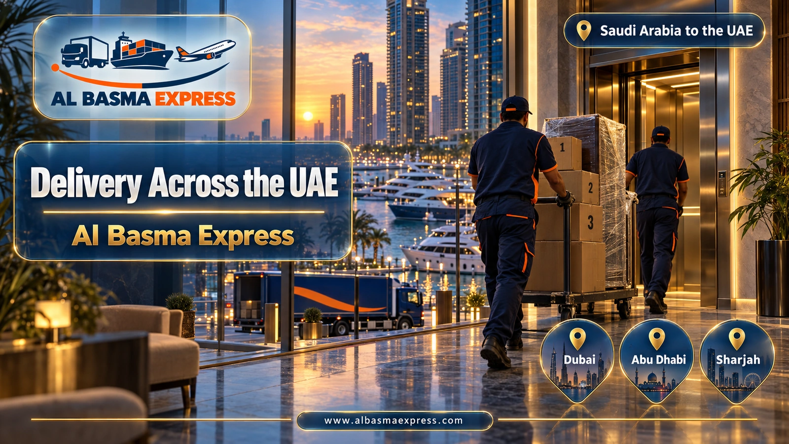 Delivery Across the UAE – workers pushing a trolley of cartons through a marina tower lobby | Al Basma Express